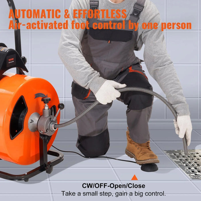 100 FT Drain Auger Cleaner, Auto Feed with Air-Activated Foot Switch for 1 to 4 Inch Pipes, DOBA-DAC100