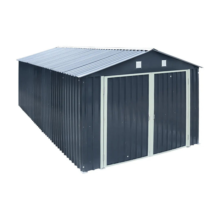 10' x 20' metal garage shed with double front doors, side entry door, charcoal grey finish, and 200 sq-ft of floor space – packed in wooden crate for shipping.