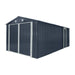 10' x 20' metal garage shed with double front doors, side entry door, charcoal grey finish, and 200 sq-ft of floor space – packed in wooden crate for shipping.
