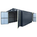 10' x 20' metal garage shed with double front doors, side entry door, charcoal grey finish, and 200 sq-ft of floor space – packed in wooden crate for shipping.