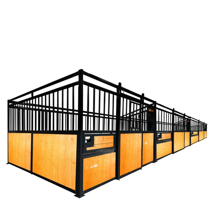 12’ Horse Stall Pine Lumber Panel, Vertical Bar Top & Wood-Filled Bottom, Front panel c/w Window/Feeder and Sliding Door, TMG-FHS12A and FHS12B