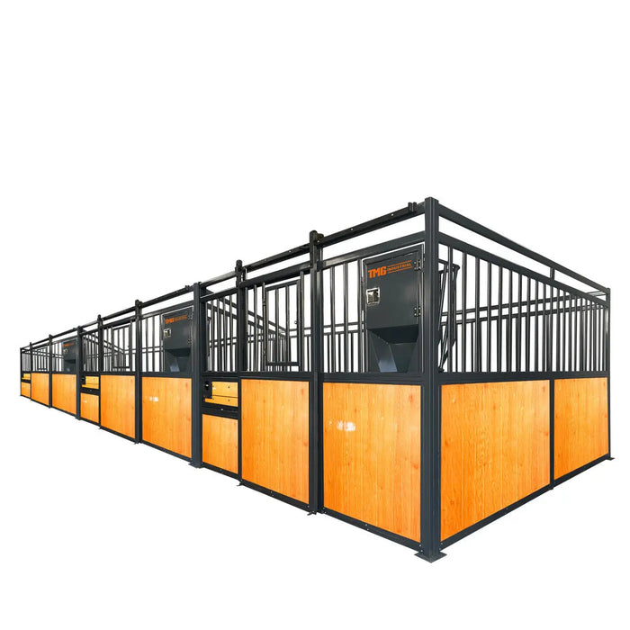 12’ Horse Stall Pine Lumber Panel, Vertical Bar Top & Wood-Filled Bottom, Front panel c/w Window/Feeder and Sliding Door, TMG-FHS12A and FHS12B