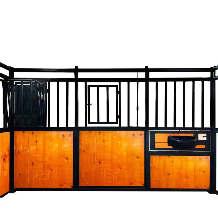 12’ Horse Stall Pine Lumber Panel, Vertical Bar Top & Wood-Filled Bottom, Front panel c/w Window/Feeder and Sliding Door, TMG-FHS12A and FHS12B