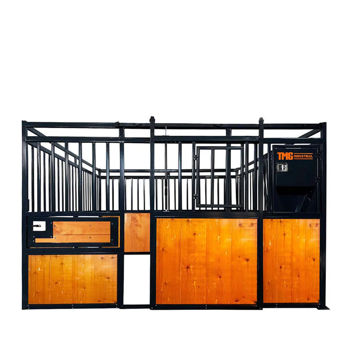 12’ Horse Stall Pine Lumber Panel, Vertical Bar Top & Wood-Filled Bottom, Front panel c/w Window/Feeder and Sliding Door, TMG-FHS12A and FHS12B