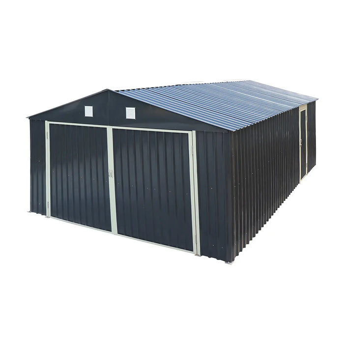 13' x 20' metal garage shed with 10' double front doors, side entry door, 8'6" peak height, reinforced steel frame, and charcoal grey finish – TMG-MS1320B.
