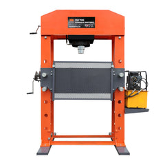 Elektrische hydraulische werkplaatspers met een capaciteit van 150 ton, geschikt voor zware perswerkzaamheden, voorzien van een beschermrooster, volledig gelast H-frame, TMG-SP150