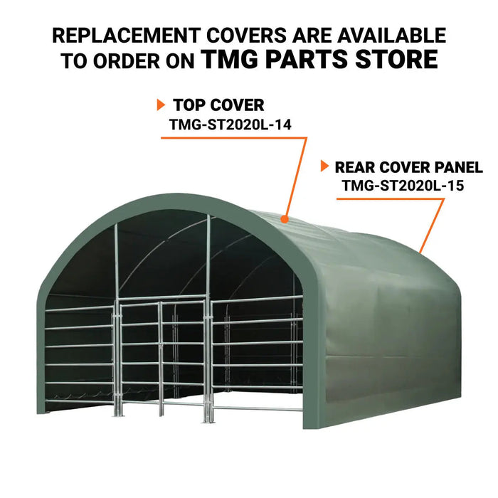 20’ x 20’ Livestock Corral Shelter, Powder Coated Structure, 12’ Dome Roof, 17 oz Military Green PVC Fabric Covering, 6-Bar Corral Panels, 5’ Front Swing Gate, TMG-ST2020L