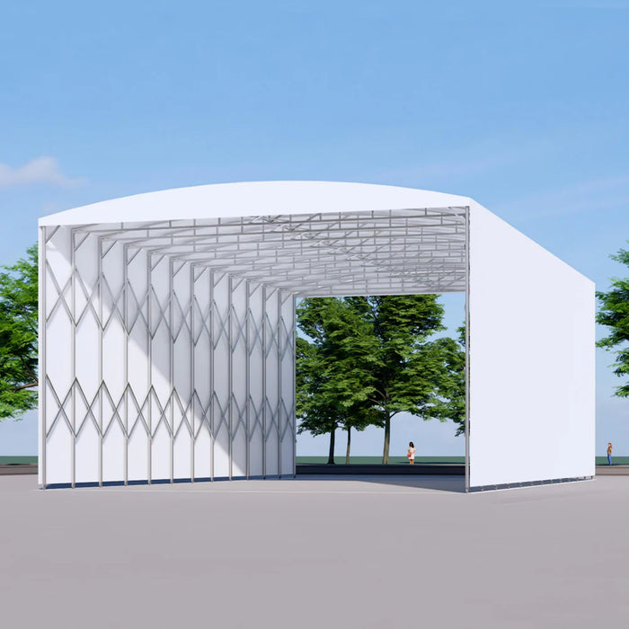 TMG-ST2033M 20' x 33' retractable mobile shelter with 27 oz PVC cover, 13' sidewalls and 14'9" peak height
