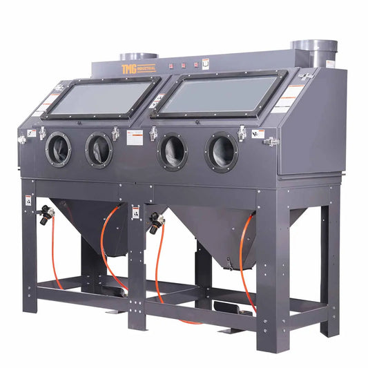 235-gallon dual station cabinet sandblaster with ETL certified vacuum system, side-by-side dual operator design, foot pedal control, and large viewing windows – TMG-ABC88.
