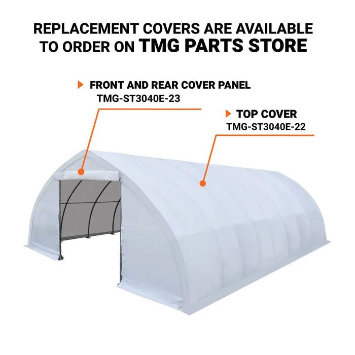TMG-ST3042E 30x42 peak ceiling storage shelter with 11 oz PE cover, galvanized steel frame, roll-up doors, and 1200 sq ft covered space for equipment storage