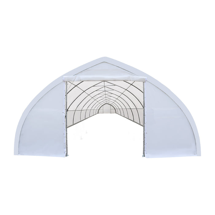 TMG-ST3082V 30x80 peak ceiling storage shelter with heavy duty 17 oz PVC cover, galvanized steel frame, and drive-through roll-up doors for large equipment storage