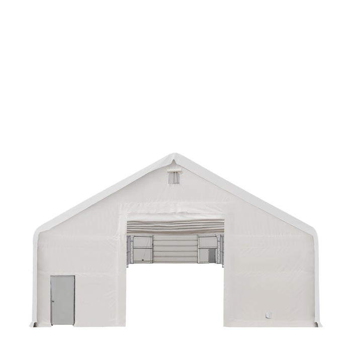 TMG-DT4042 40' x 40' dual truss storage shelter with heavy duty 21 oz PVC cover and drive-through doors
