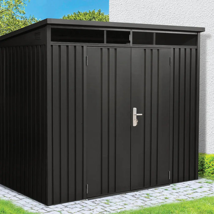 TMG-MS0608P-PRO 6x8 Pro Series galvanized metal shed with 79 inch pent roof, skylight, vents, and 50x68 inch door opening for secure outdoor storage