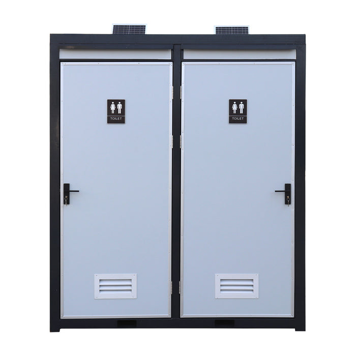 TMG-FTD07 7ft portable restroom with two private stalls, ceramic toilets, triangular sinks, and solar exhaust fan in durable steel frame
