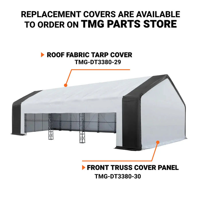 80’ x 33’ Dual Truss Storage Shelter Workshop, (3) 19’ Wide Drive-Through Openings, Scaffolding-Style Door Frame Support, TMG-DT3380