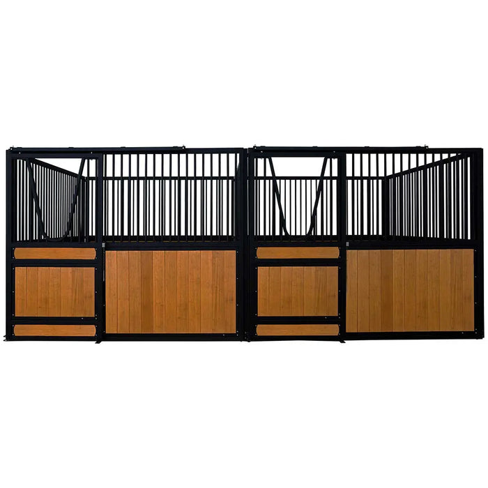 9' x 10' pre-built bamboo horse stall with vertical bar top, sliding door, powder-coated steel frame, and U-shaped opening for horse comfort – ideal for barns and stables.