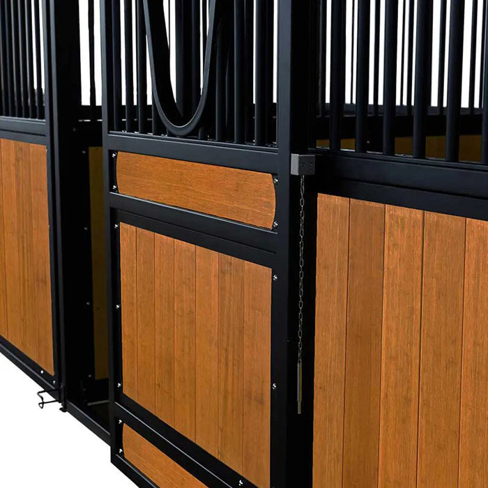 9' x 10' pre-built bamboo horse stall with vertical bar top, sliding door, powder-coated steel frame, and U-shaped opening for horse comfort – ideal for barns and stables.