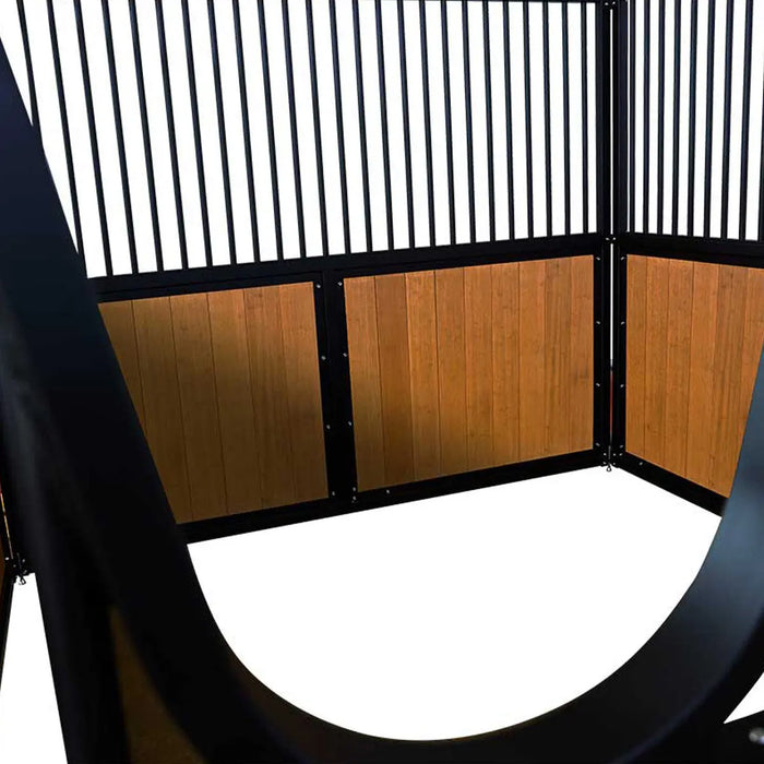 9' x 10' pre-built bamboo horse stall with vertical bar top, sliding door, powder-coated steel frame, and U-shaped opening for horse comfort – ideal for barns and stables.