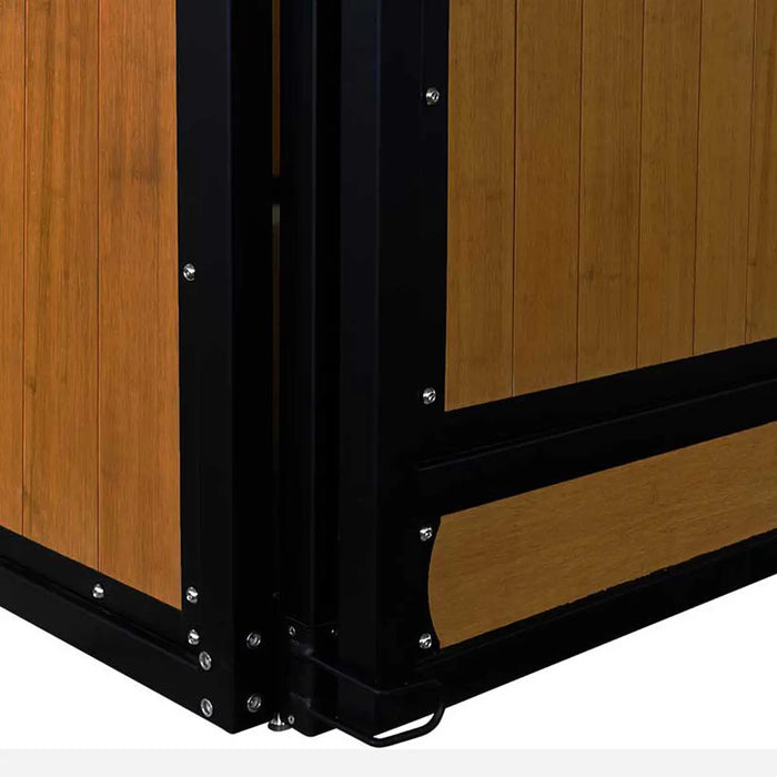 9' x 10' pre-built bamboo horse stall with vertical bar top, sliding door, powder-coated steel frame, and U-shaped opening for horse comfort – ideal for barns and stables.