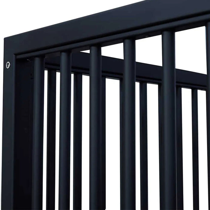 9' x 10' pre-built bamboo horse stall with vertical bar top, sliding door, powder-coated steel frame, and U-shaped opening for horse comfort – ideal for barns and stables.