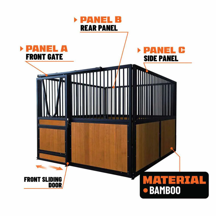 9' x 10' pre-built bamboo horse stall with vertical bar top, sliding door, powder-coated steel frame, and U-shaped opening for horse comfort – ideal for barns and stables.
