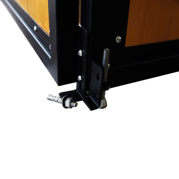 9' x 10' pre-built pine lumber horse stall with vertical bar top, sliding door, U-shaped opening, and powder-coated steel frame – modular panels for barn installation.