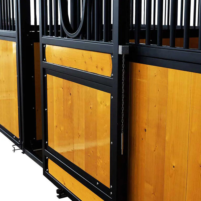 9' x 10' pre-built pine lumber horse stall with vertical bar top, sliding door, U-shaped opening, and powder-coated steel frame – modular panels for barn installation.