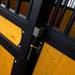 9' x 10' pre-built pine lumber horse stall with vertical bar top, sliding door, U-shaped opening, and powder-coated steel frame – modular panels for barn installation.