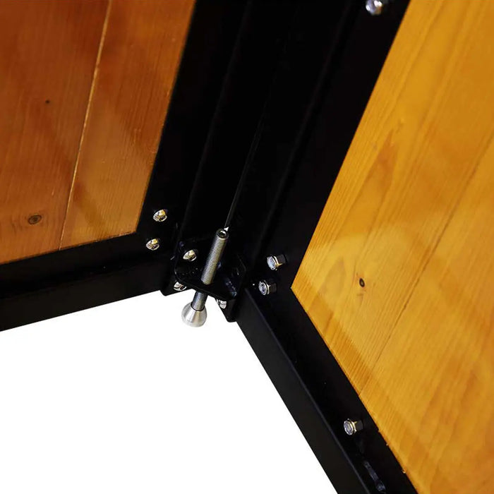 9' x 10' pre-built pine lumber horse stall with vertical bar top, sliding door, U-shaped opening, and powder-coated steel frame – modular panels for barn installation.