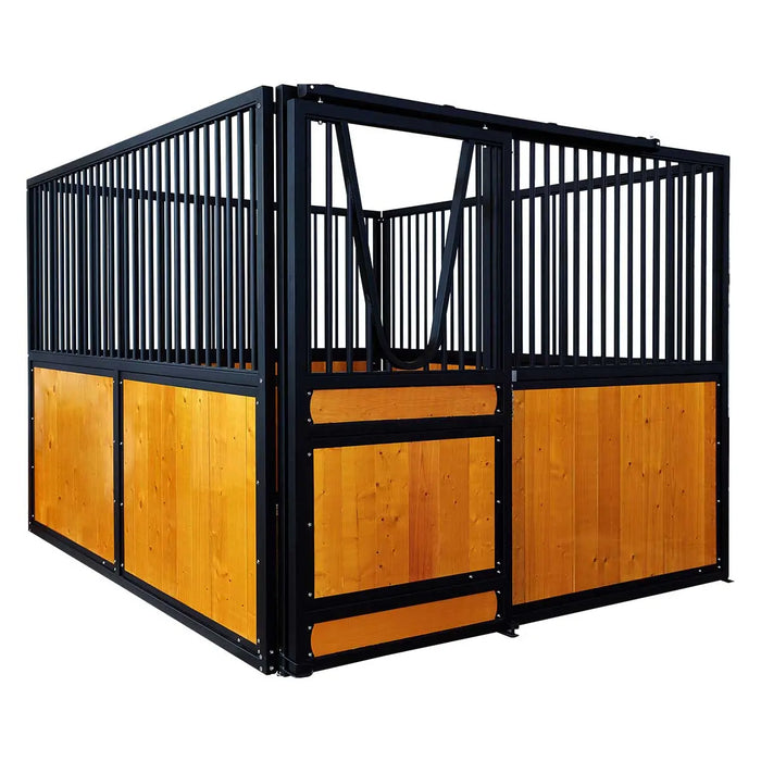 9' x 10' pre-built pine lumber horse stall with vertical bar top, sliding door, U-shaped opening, and powder-coated steel frame – modular panels for barn installation.
