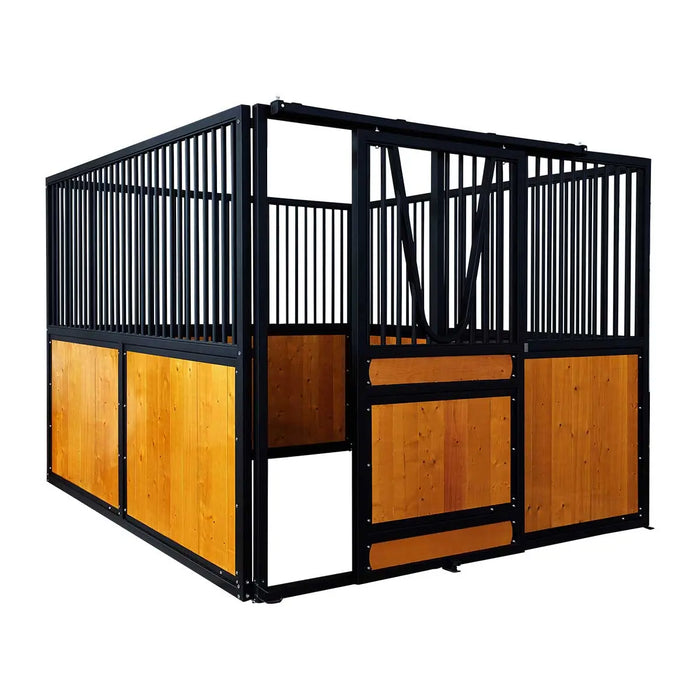 9' x 10' pre-built pine lumber horse stall with vertical bar top, sliding door, U-shaped opening, and powder-coated steel frame – modular panels for barn installation.