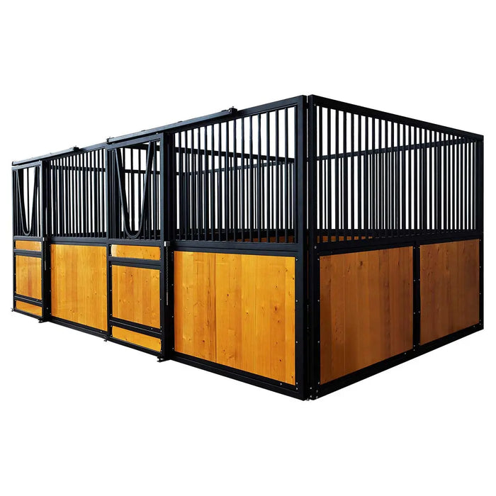 9' x 10' pre-built pine lumber horse stall with vertical bar top, sliding door, U-shaped opening, and powder-coated steel frame – modular panels for barn installation.