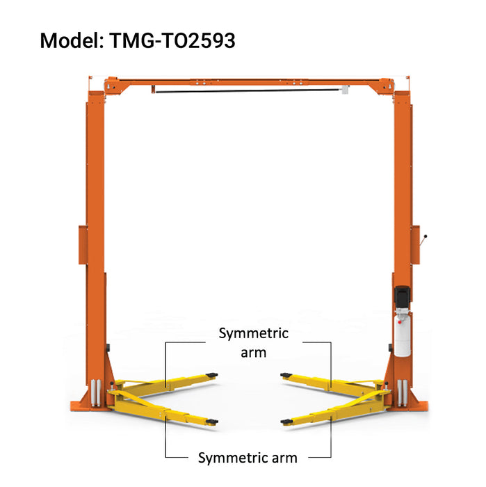 TMG-TO2593 10,000 lb two-post overhead auto lift, ALI certified standard height model
