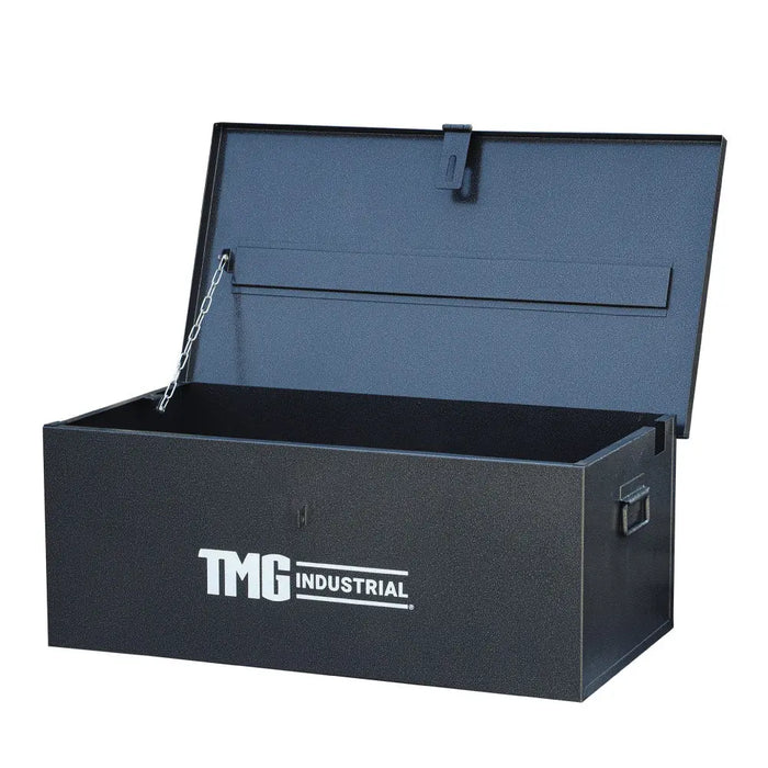 Set of 4 construction job site steel storage boxes with built-in carrying handles and forklift channels, sizes 30" to 60" – TMG-CJB30, TMG-CJB36, TMG-CJB45, TMG-CJB60.