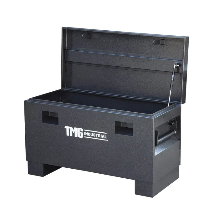 Set of 4 construction job site steel storage boxes with built-in carrying handles and forklift channels, sizes 30" to 60" – TMG-CJB30, TMG-CJB36, TMG-CJB45, TMG-CJB60.