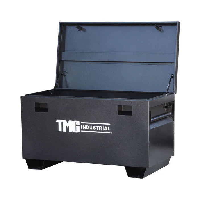 Set of 4 construction job site steel storage boxes with built-in carrying handles and forklift channels, sizes 30" to 60" – TMG-CJB30, TMG-CJB36, TMG-CJB45, TMG-CJB60.