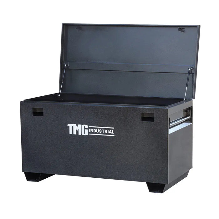 Set of 4 construction job site steel storage boxes with built-in carrying handles and forklift channels, sizes 30" to 60" – TMG-CJB30, TMG-CJB36, TMG-CJB45, TMG-CJB60.