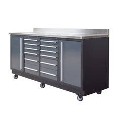 Pro Series 7-ft werkbank met 12 laden, roestvrijstalen blad, dubbele kogellagers en wielen TMG-WB712