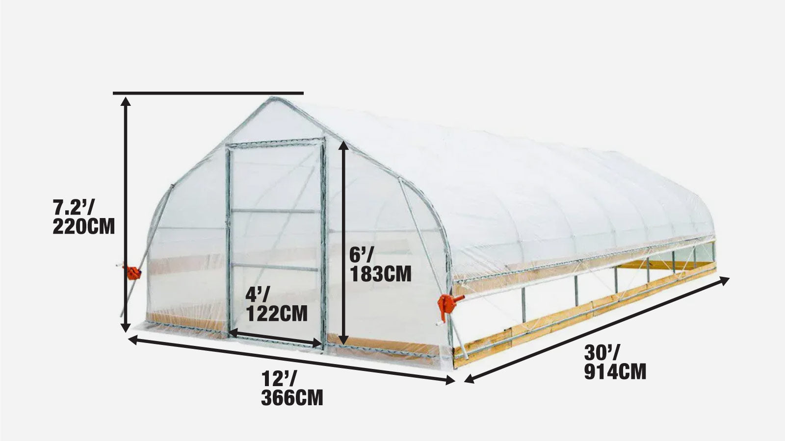 Tunnelkas van 3,6 x 9 meter met 15 mm dikke transparante EVA-plastic folie, koude bak, handmatig oprolbare zijkanten, puntdak, TMG-GH1230-specifications-image
