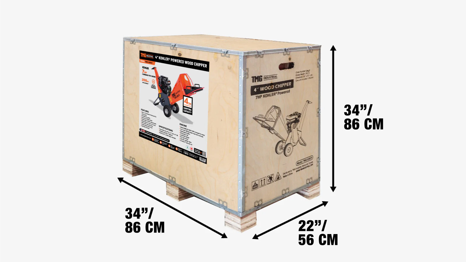 Houtversnipperaar van 10 cm met 7 pk Kohler benzinemotor, omkeerbare messen van 15 cm, dubbele riemaandrijving TMG-GWC4-shipping-info-image