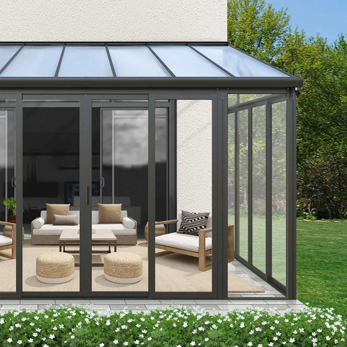 TMG Industrial 10’ x 14’ Winter Garden Lean-To Patio Cover, Twin-Wall PC Roof Sheets, Crystal-Clear PC Walls/Doors, TMG-LPC14