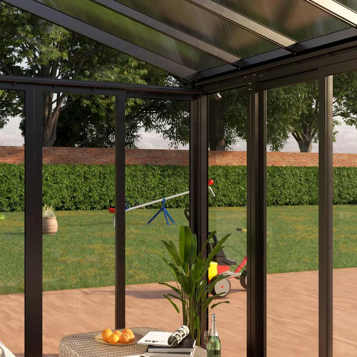 TMG Industrial 10’ x 14’ Winter Garden Lean-To Patio Cover, Twin-Wall PC Roof Sheets, Crystal-Clear PC Walls/Doors, TMG-LPC14