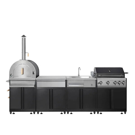 TMG Industrial 11’ 4-Burner Outdoor Kitchen Island (Black), 48000 BTUs, Built-In Pizza Oven, ¾” Cordierite Pizza Stone, CSA Certified, TMG-LKS11B