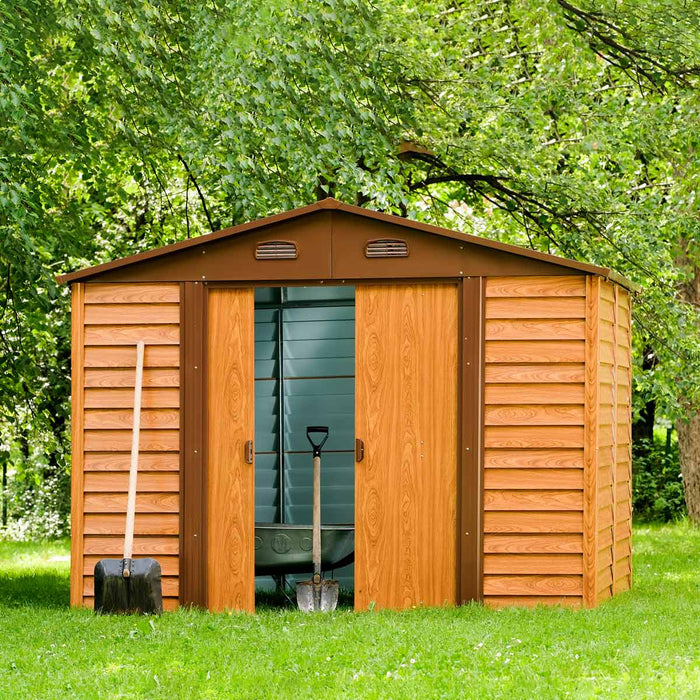 TMG Industrial 11’ x 12’ Wood-Grain Galvanized Apex Roof Metal Shed, 50” Sliding Door, 29 GA Corrugated Metal, 67” Edge Height, TMG-MS1112