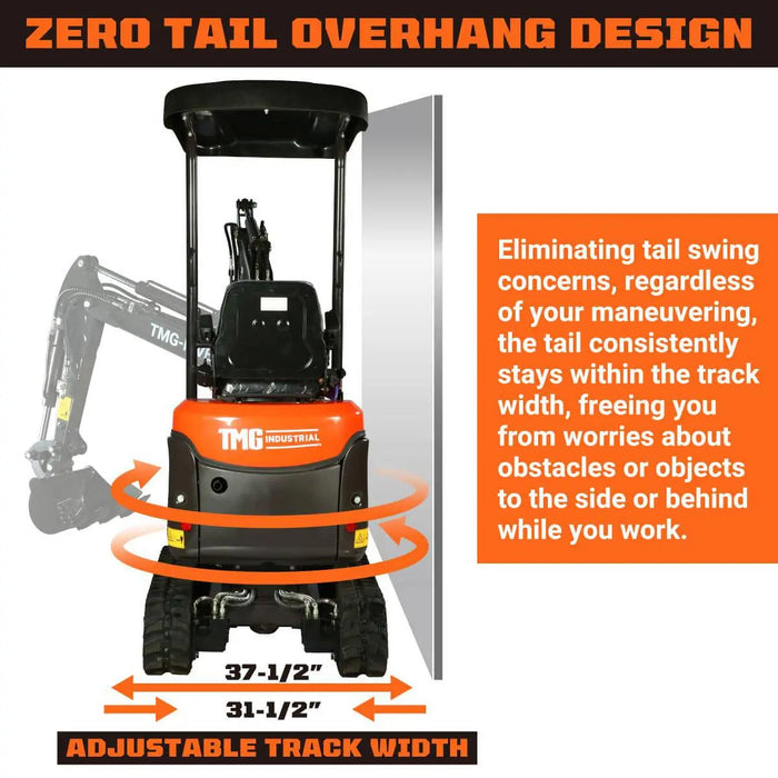 TMG Industrial 1200 KG Mini Compact Excavator, 14 HP Kubota Diesel, KDK Pump, Eaton Motor, Zero Tail Overhang, Adjustable Chassis Width, TMG-MVE12