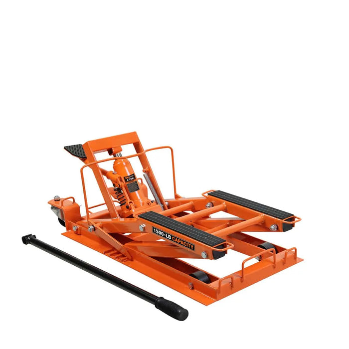 TMG Industrial 1500-lb Motorcycle ATV Jack Lift, 5”-16” Lifting Range, 6 Locking Positions, Swivel Casters, Bottle Jack, TMG-ALM68