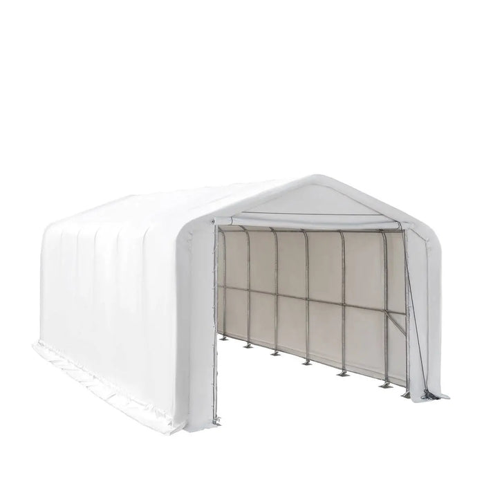 TMG Industrial 18’ x 30’ RV/Motorhome Storage Shelter, 17 oz PVC Fabric Cover, Front Roll-Up Door, Enclosed Rear Wall, 3-Layer Galvanized Steel Frame, 13’ Straight Sidewalls, TMG-ST1830