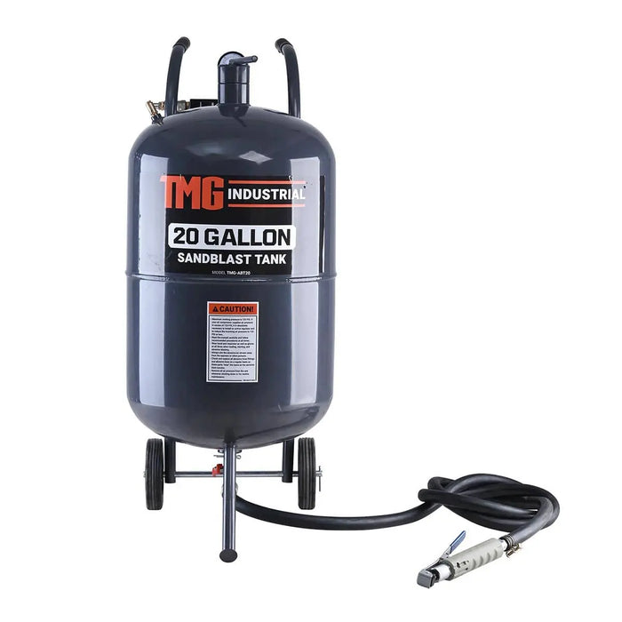 TMG Industrial 20 Gallon Portable Sandblaster, 125 PSI, 25 CFM, 8’ Hose, 5” Rubber Wheels, Filling Funnel, TMG-ABT20