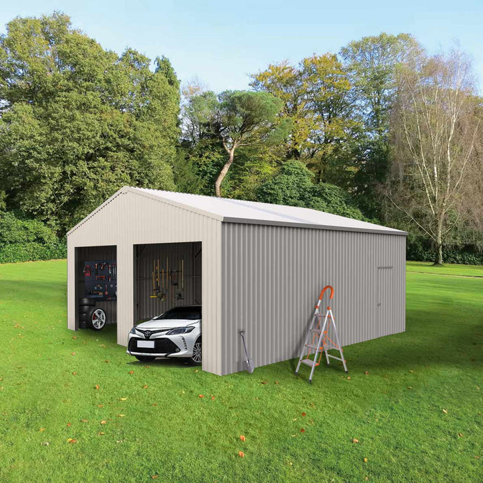 TMG Industrial 25’ x 25’ Double Garage Metal Barn Shed with Side Entry Door, 625 Sq-Ft Floor Space, 9’8” Eave Height, 27 GA Metal, Skylights, 3/12 Roof Pitch, TMG-MS2525 (Discontinued)
