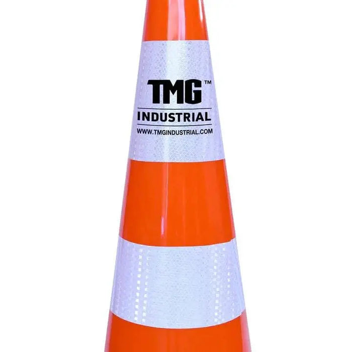 TMG Industrial 29” PVC Reflective Traffic Cones, 6 Cones, 14” Square Base, Hot & Cold Weather, High-Intensity Reflective Bands, TMG-TC29-6